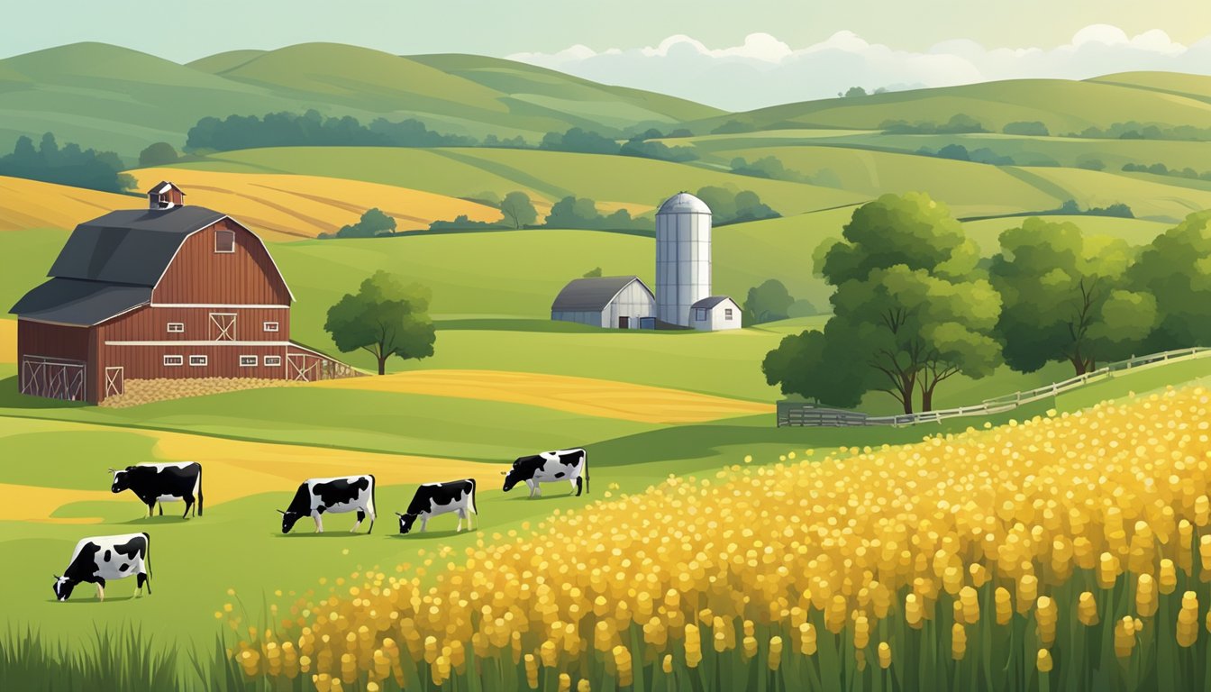 Rolling hills of green pastures dotted with grazing cows, a rustic barn with a weathered silo, and a small creamery building surrounded by fields of golden corn