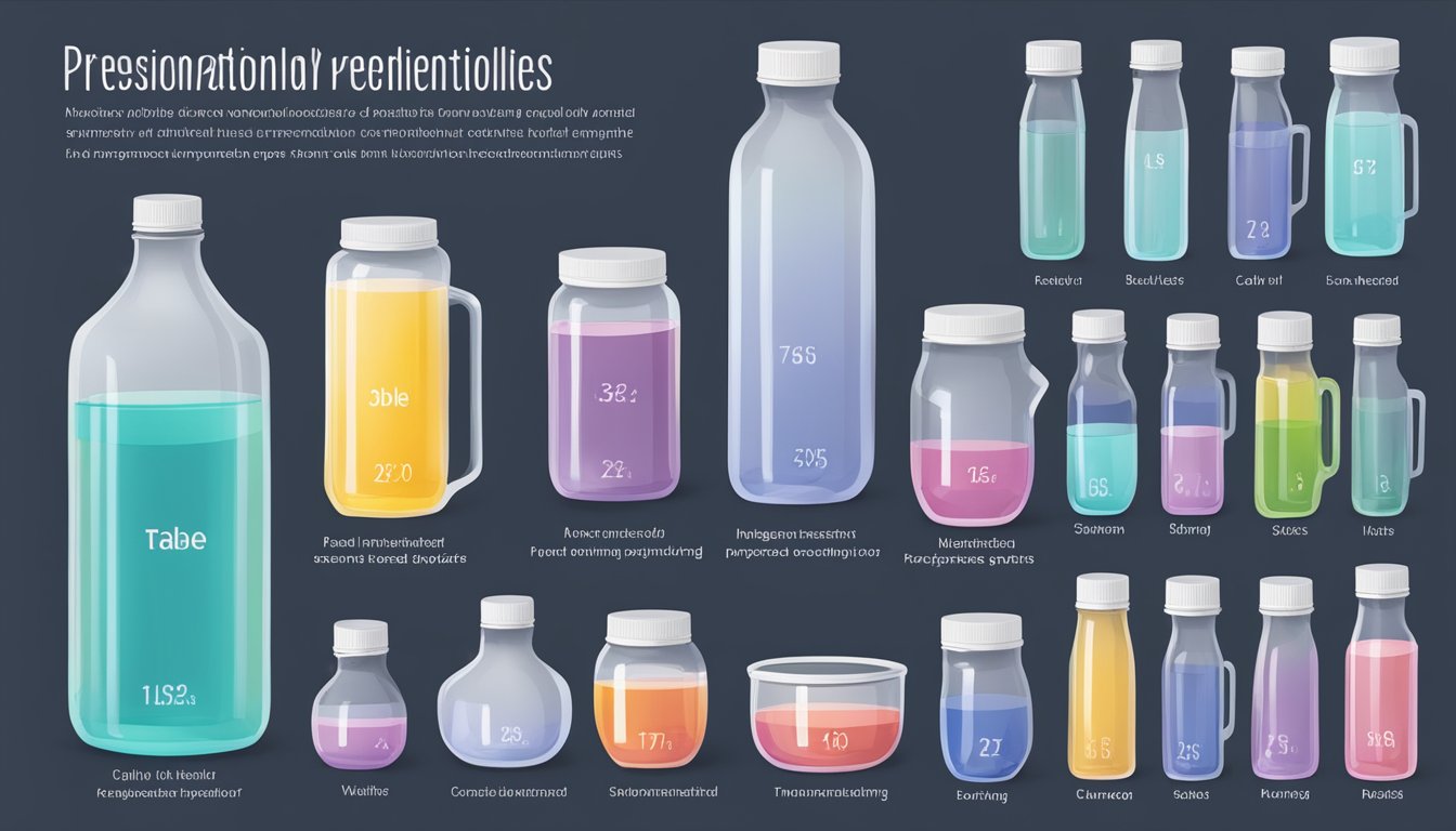 A table with various sizes of precision hydration bottles, some empty and some filled with liquid, surrounded by measuring cups and a chart showing recommended serving sizes