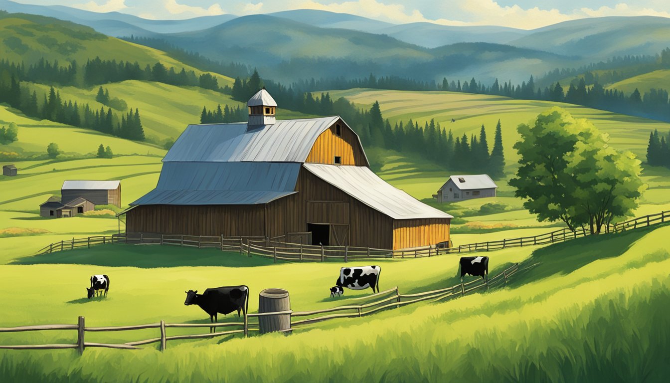 A rustic barn nestled in the rolling hills of Idaho, surrounded by lush green pastures and contented cows grazing in the distance