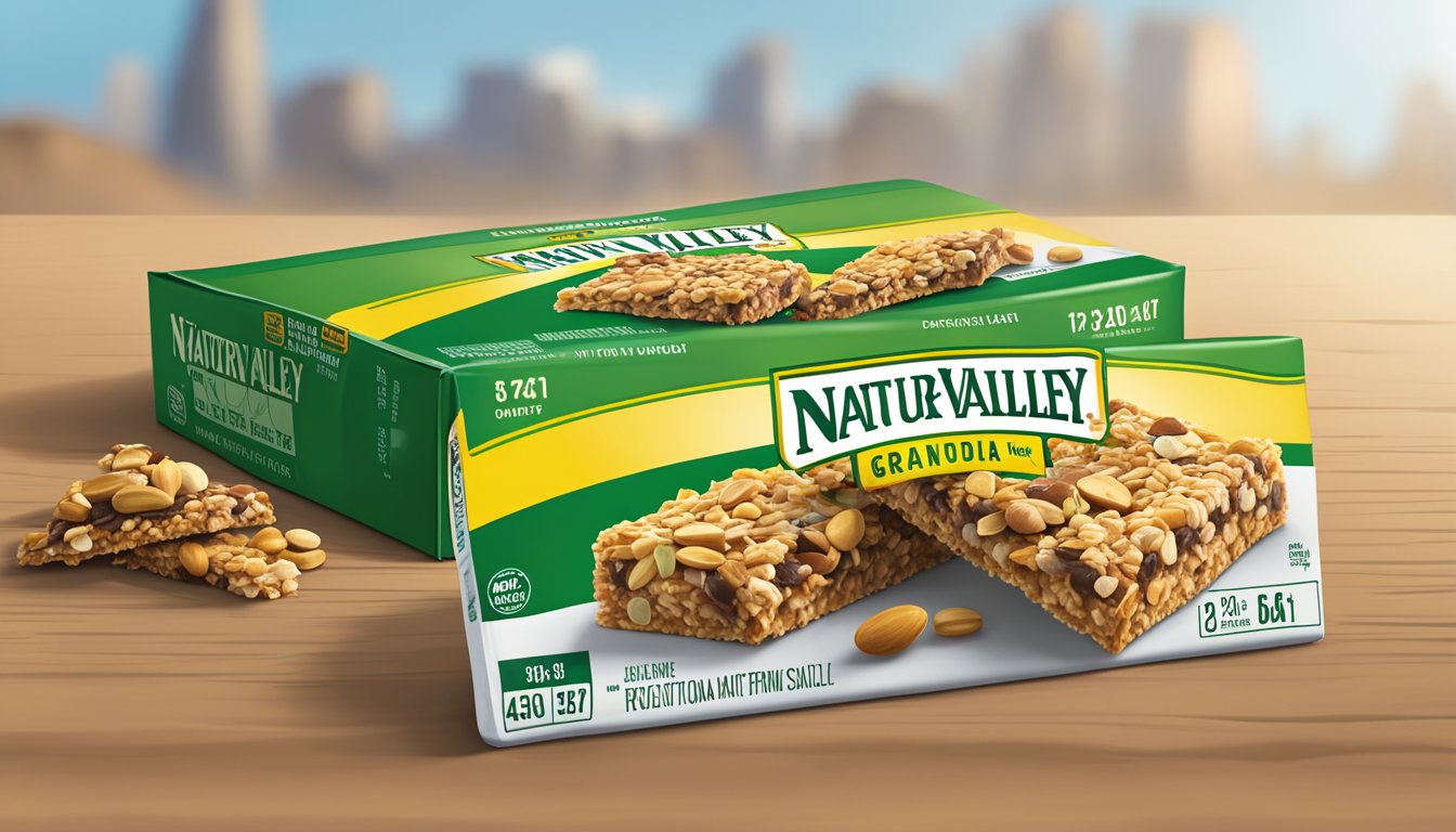 A pile of Nature Valley granola bars with a nutrition label and serving size information displayed prominently