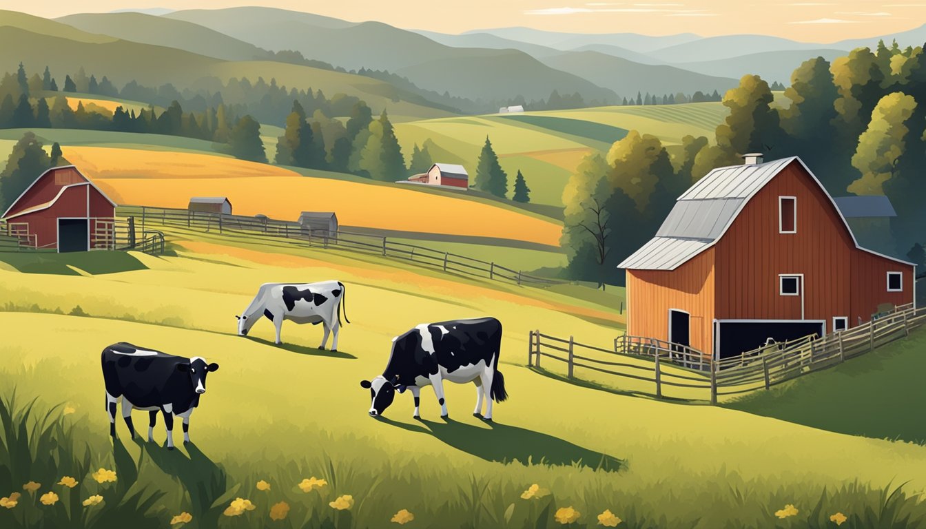 A rustic farm scene with rolling hills, grazing cows, and a quaint cheese-making barn