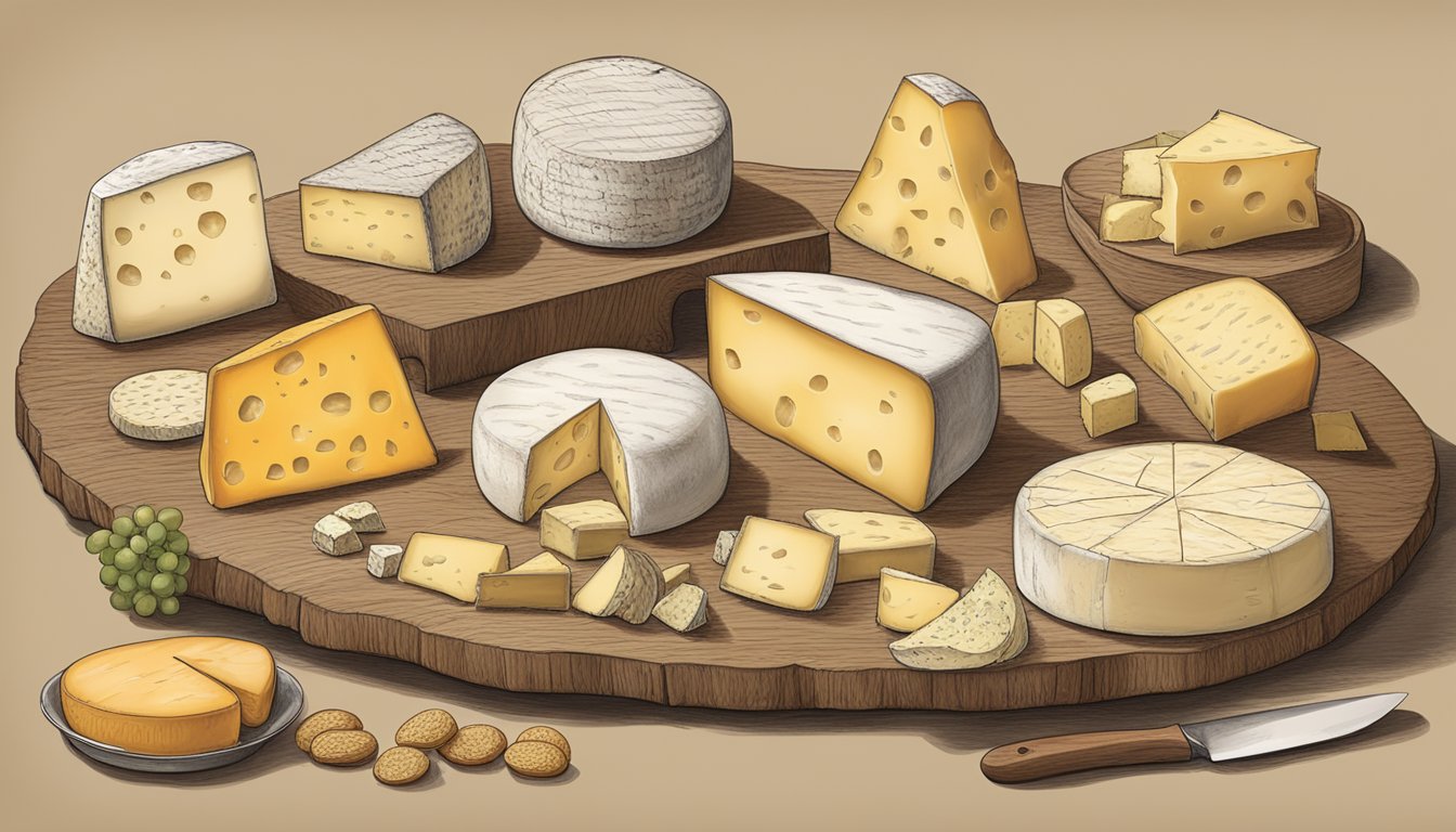 A rustic table displays a variety of Kansas artisan cheeses, each with its own unique flavor profile. Labels and descriptions are visible, and the cheeses are arranged attractively