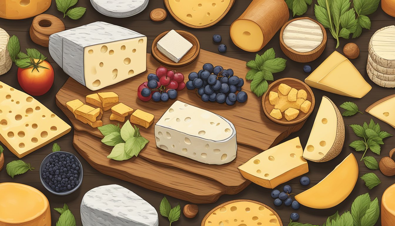 A rustic wooden table displays an array of artisanal cheese varieties from Iowa, including wheels, wedges, and slices, accompanied by fresh fruits and herbs