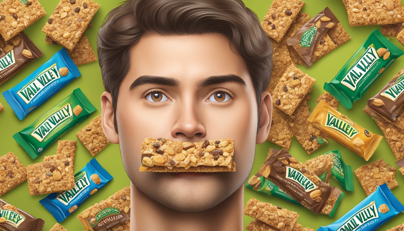 A person surrounded by multiple Nature Valley granola bars, with a concerned expression on their face