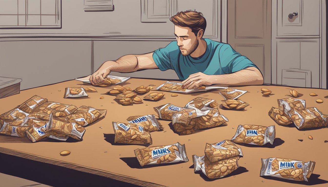 A table with several Munk Pack Almond Bars scattered around, some half-eaten, with a person looking concerned at the empty wrappers