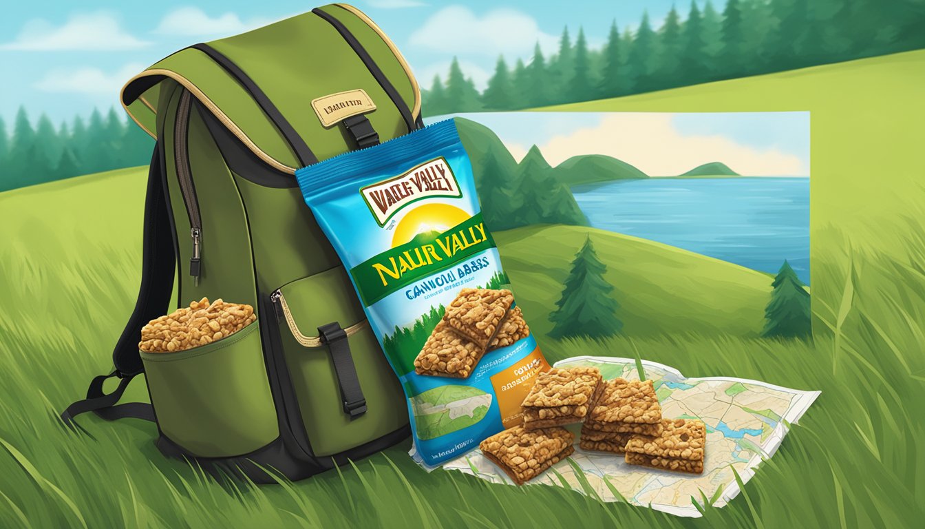 A backpack filled with an assortment of Nature Valley granola bars, a water bottle, and a map laid out on a grassy field