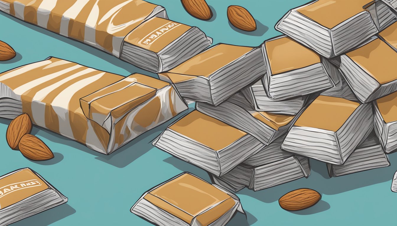 A table covered in empty Munk Pack almond bar wrappers, with a hand reaching for yet another bar