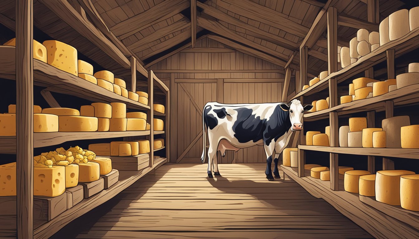 A farmer milking a cow in a rustic barn, surrounded by shelves of aging artisanal cheeses