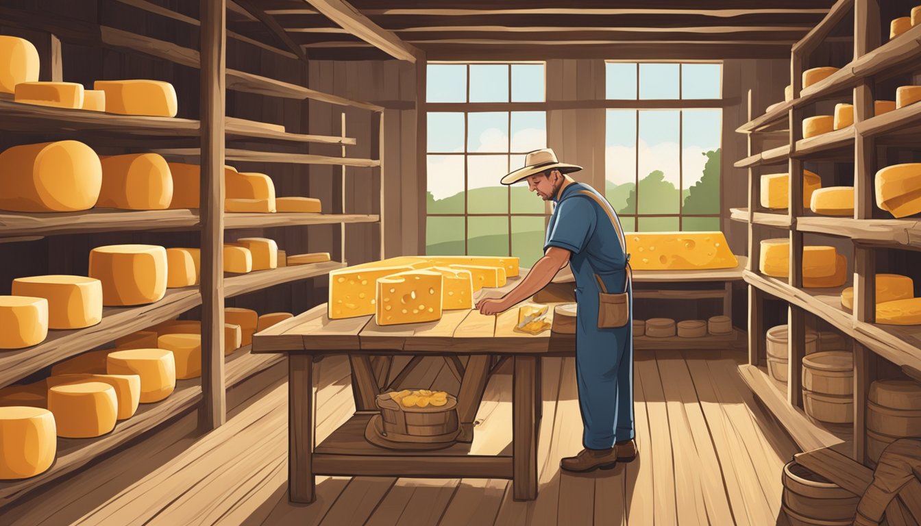 A rustic Kentucky barn with shelves of aging cheese wheels and a local artisan carefully crafting a new batch of cheese