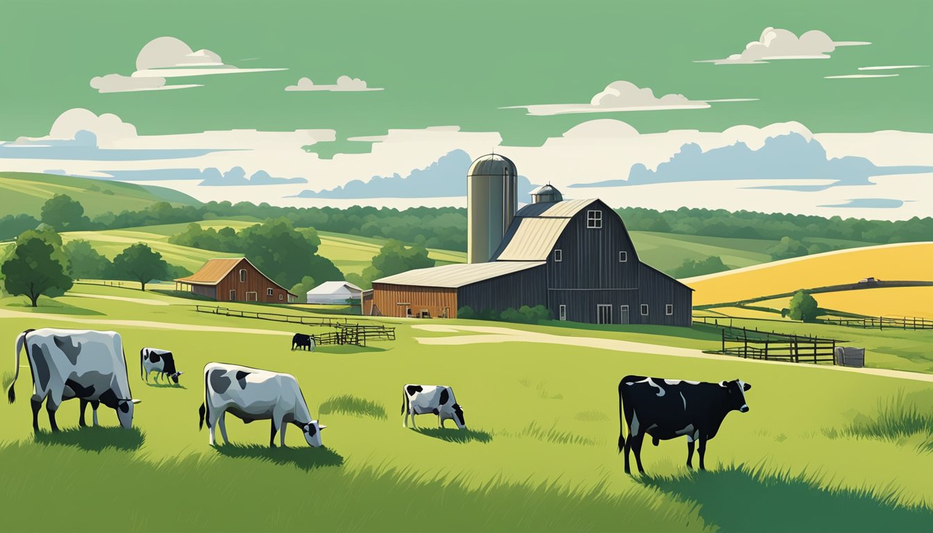 Lush green fields with grazing cows, a rustic barn, and a cheese-making workshop surrounded by rolling hills in Kansas