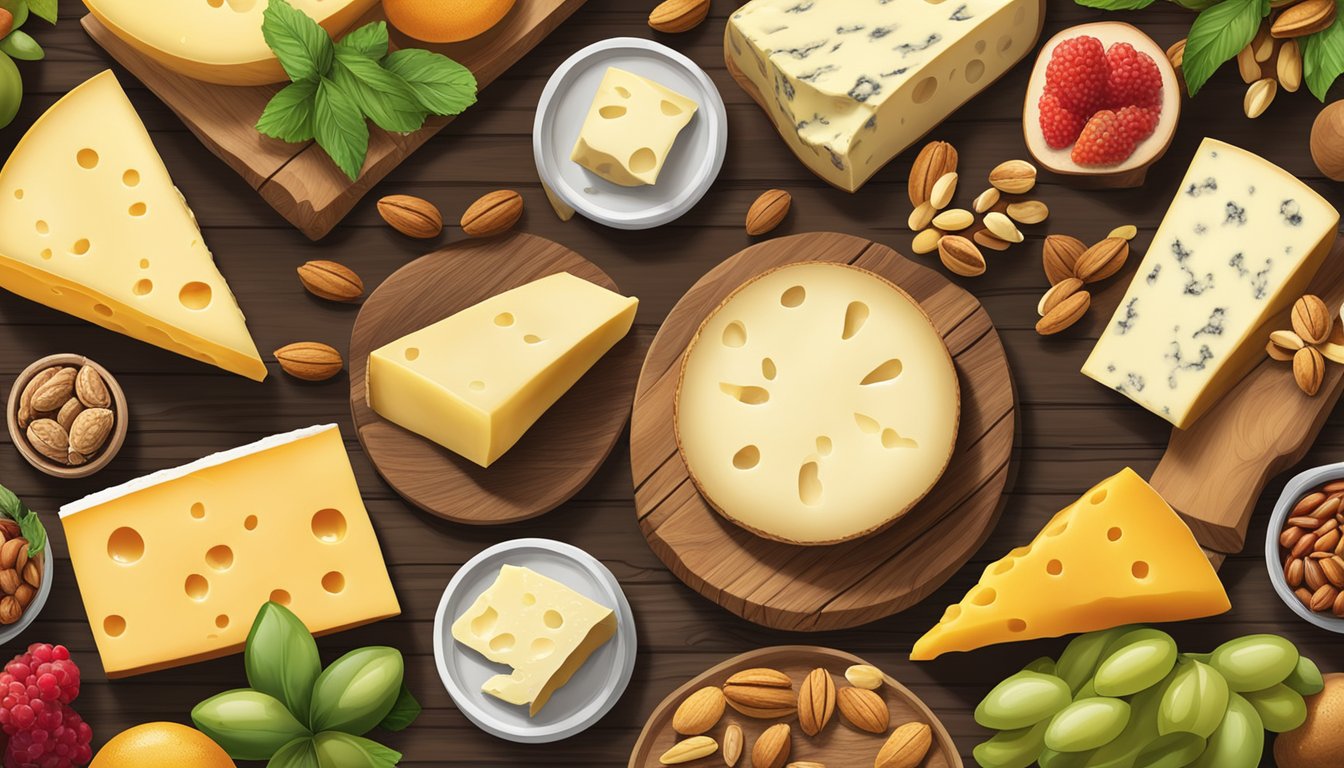 A rustic wooden table displays a variety of Kentucky artisan cheeses, accompanied by fresh fruits and nuts