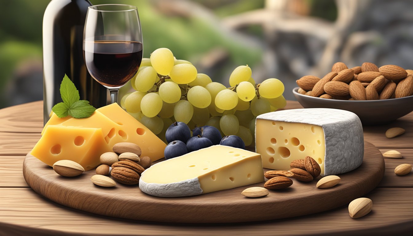 A rustic wooden cheese board with a variety of local artisan cheeses, accompanied by fresh fruit, nuts, and a glass of wine