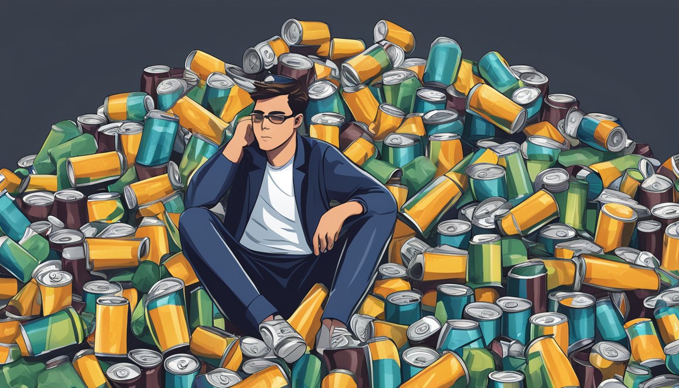 A pile of empty energy drink cans surrounded by a person monitoring their symptoms