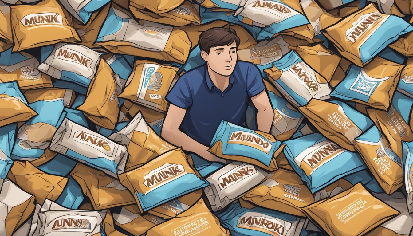 A pile of empty Munk Pack almond bar wrappers surrounds a person, indicating they may have eaten too many servings