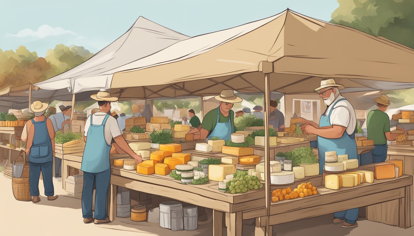 A rustic farmer's market stall showcasing an array of handcrafted Kansas artisan cheeses, with proud local cheesemakers engaging with customers