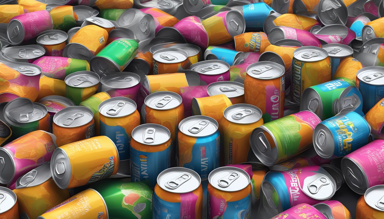 A table covered in empty amino energy drink cans, spilling onto the floor