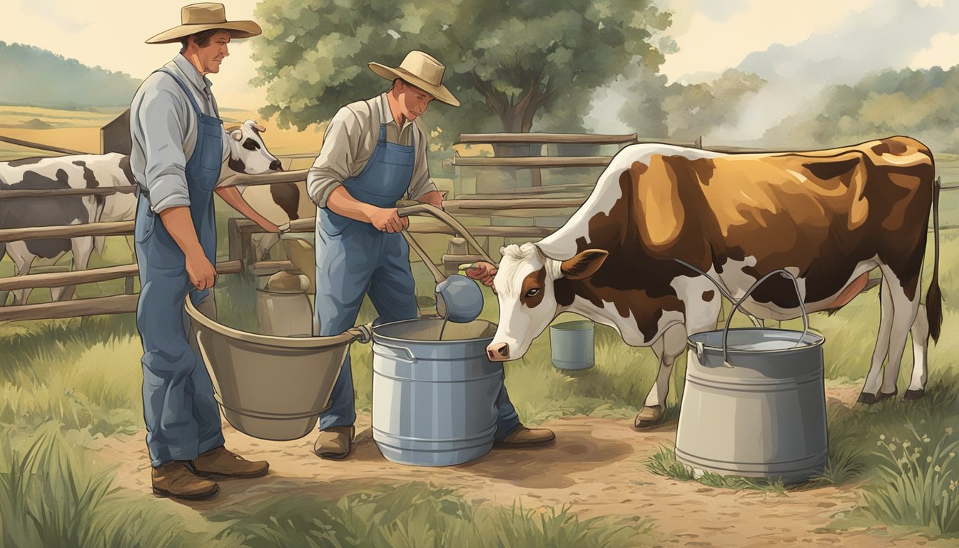 A farmer milking a cow into a bucket, while another person stirs a large pot of curdling milk over a fire