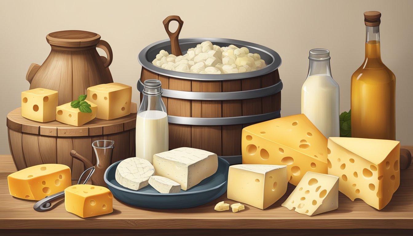 A wooden table holds a variety of cheese-making tools and ingredients, including milk, rennet, and cheese molds. A large vat sits nearby, filled with curds and whey