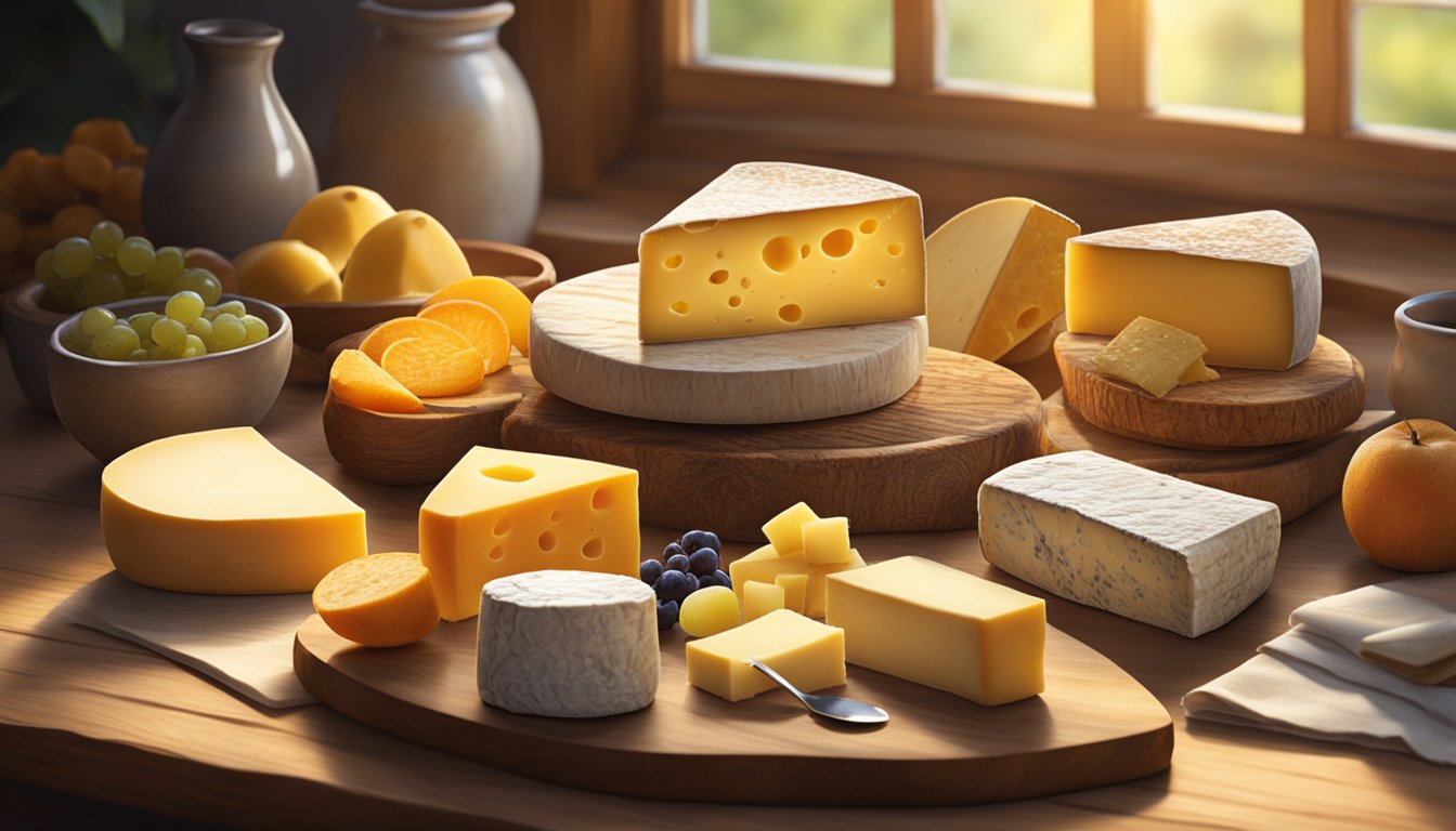 A rustic wooden table displays a variety of Iowa artisan cheeses, accompanied by fresh fruit and crackers. The warm sunlight filters through a nearby window, highlighting the rich textures and colors of the cheeses