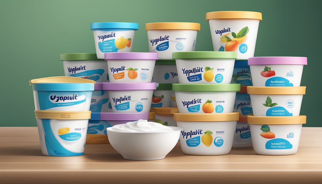 A table with multiple containers of Yoplait yogurt, a measuring cup, and a nutrition label