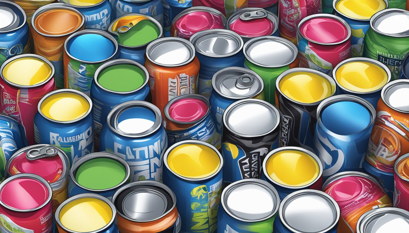 A table with multiple empty amino energy drink cans scattered around, indicating excessive consumption