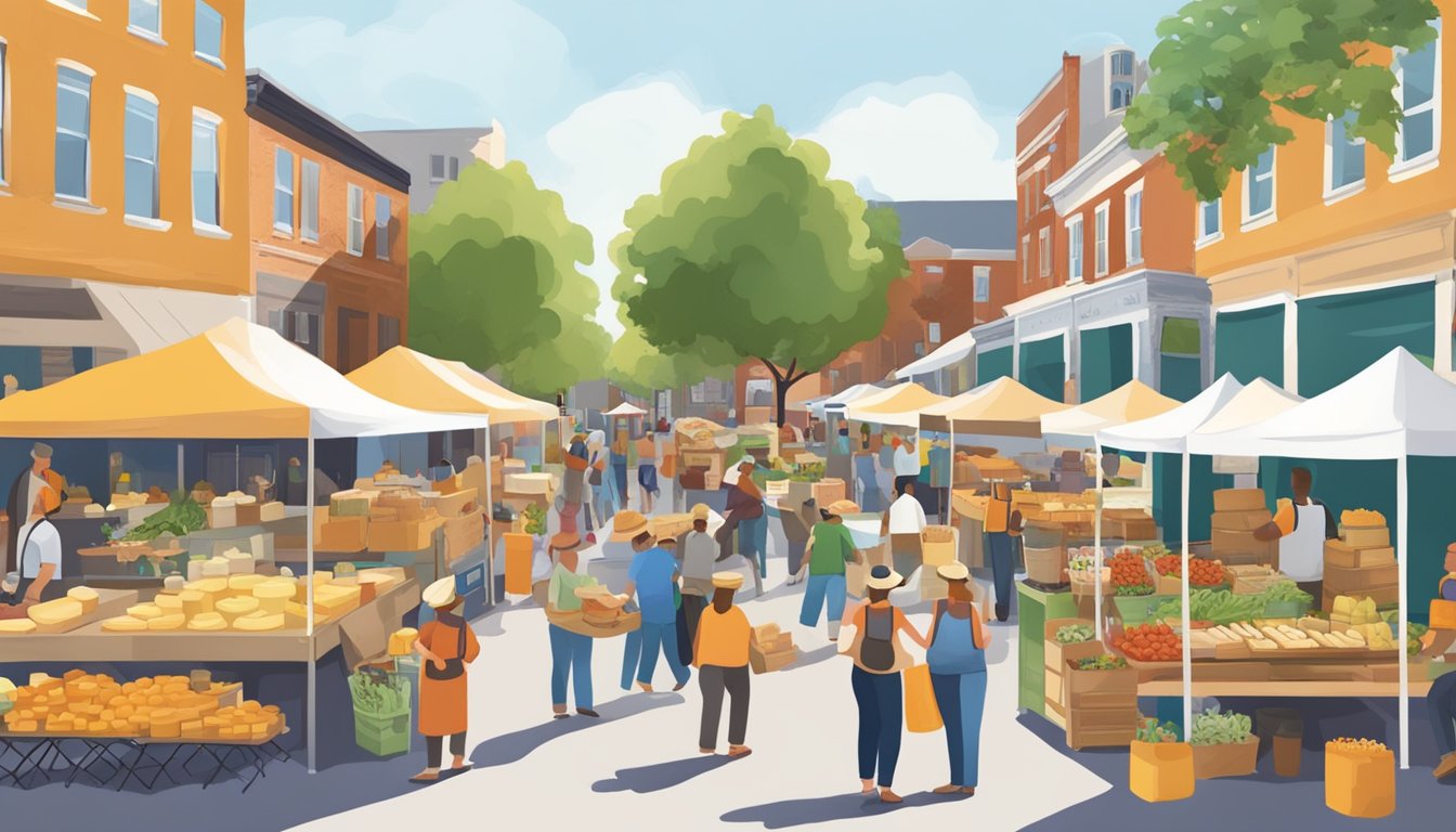 A bustling farmers' market with vendors selling locally made Kentucky artisan cheeses, surrounded by a vibrant community enjoying the culture of cheese