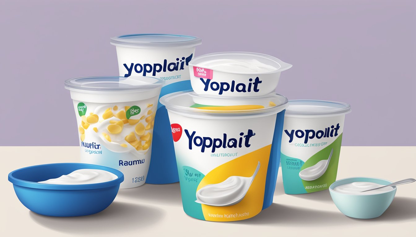 A table with multiple containers of Yoplait yogurt, a measuring cup, and a nutrition label