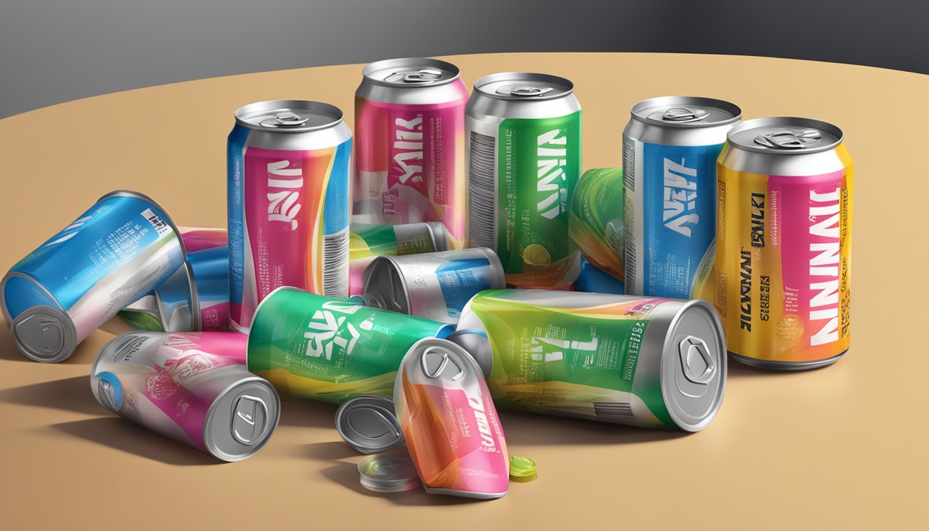 A table with multiple empty amino energy drink cans scattered around, with a warning label displayed prominently