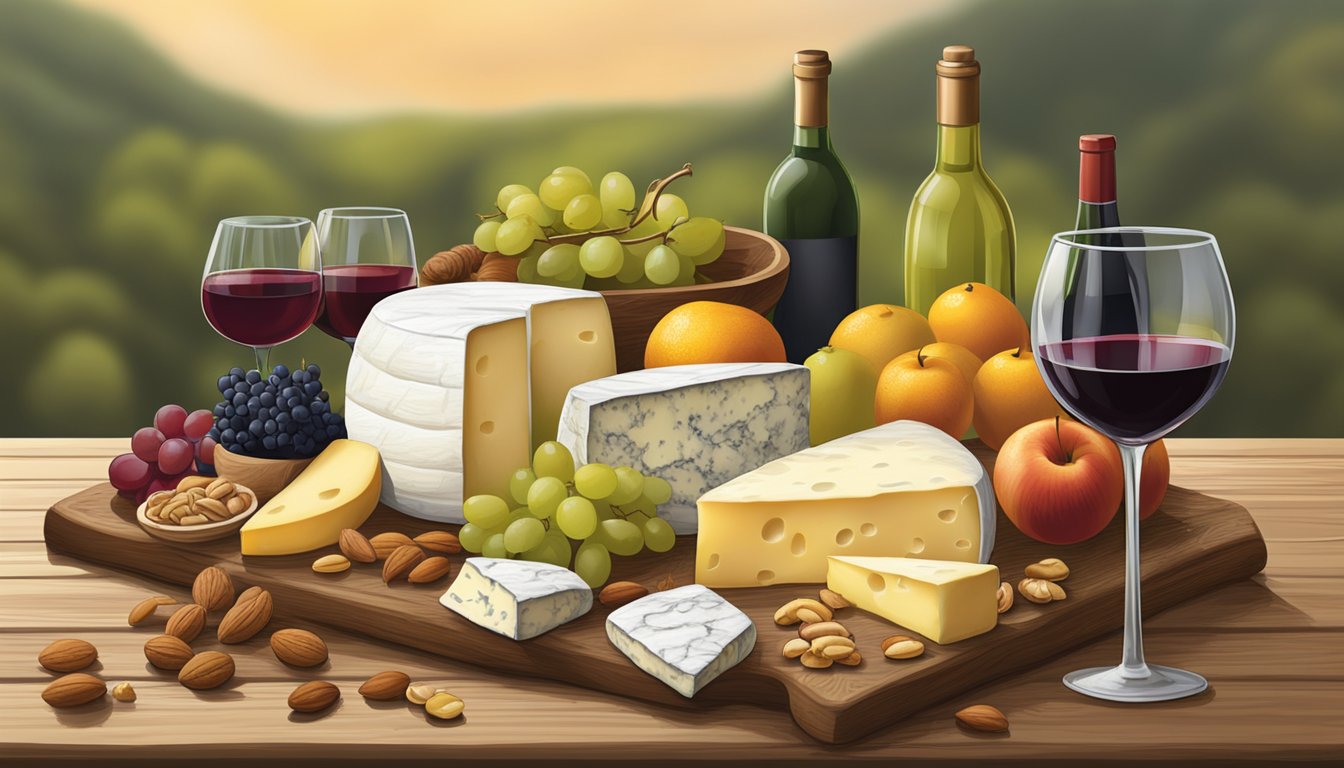 A rustic wooden table displays a variety of Kentucky artisan cheeses, accompanied by fresh fruits, nuts, and a bottle of local wine