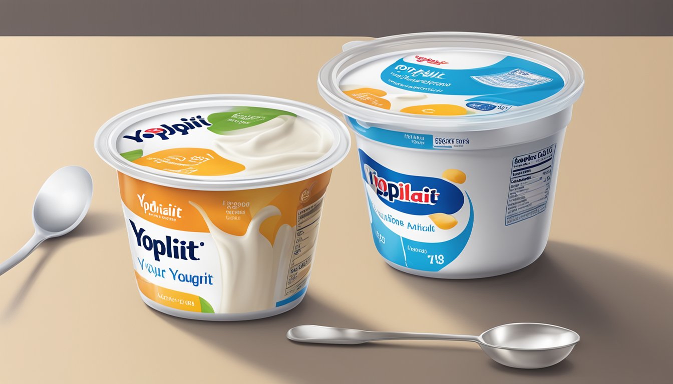 A table with multiple containers of Yoplait yogurt, a measuring cup, and a nutrition label