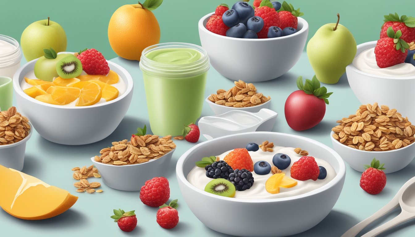 A table with various yogurt containers, some labeled "Yoplait," surrounded by fruits and granola