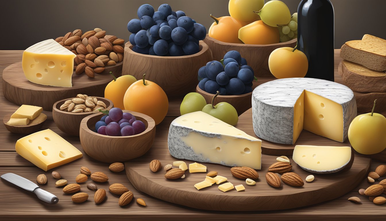 A rustic wooden table displays a variety of Colorado artisan cheeses, accompanied by fresh fruits, nuts, and a bottle of local wine