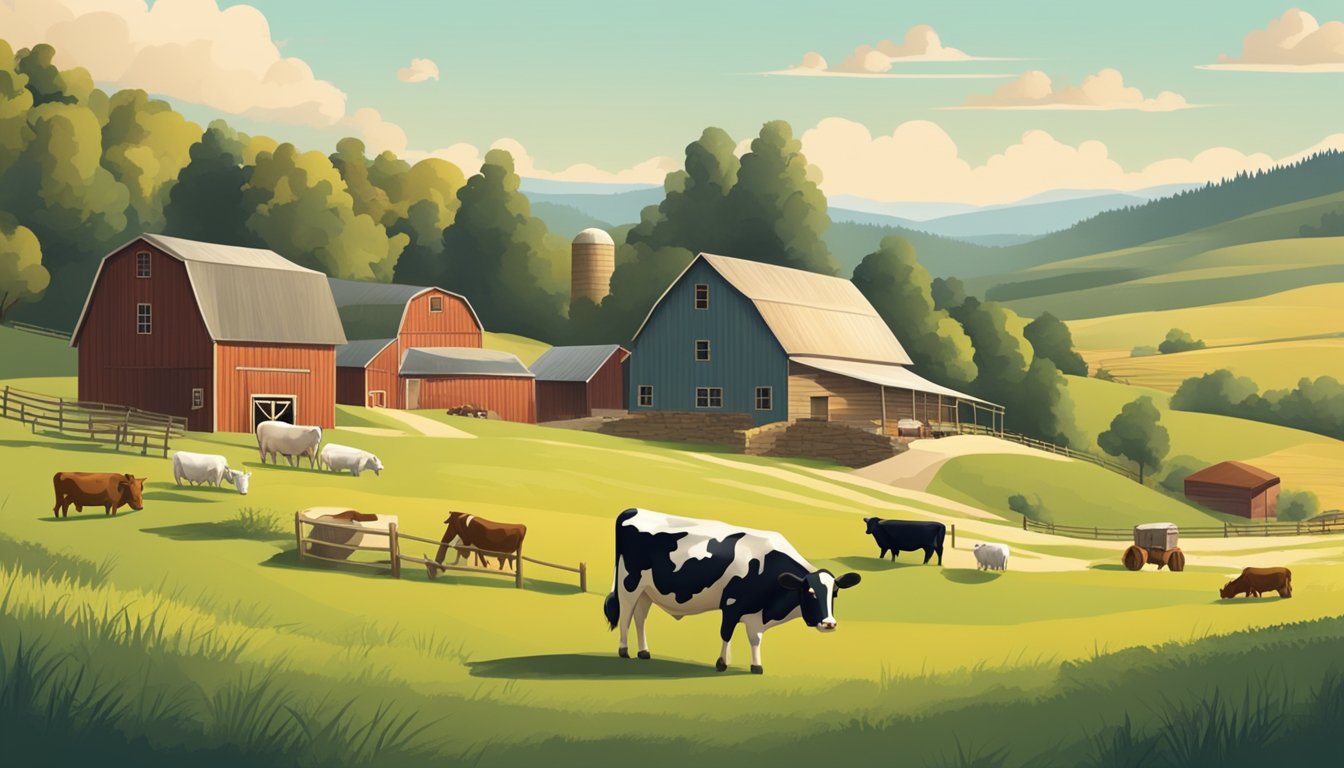 A rustic farm setting with rolling hills, grazing cows, and a quaint cheese-making barn