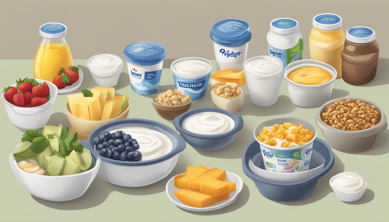 A table with various food items, including Yoplait yogurt, portioned out into serving sizes