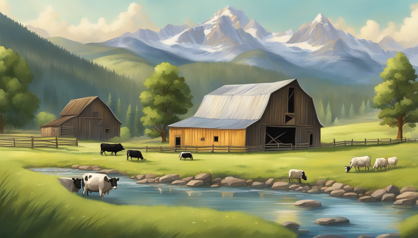 A rustic barn nestled in the Colorado mountains, surrounded by lush green pastures and grazing cows, with a small cheese-making facility next to a bubbling stream