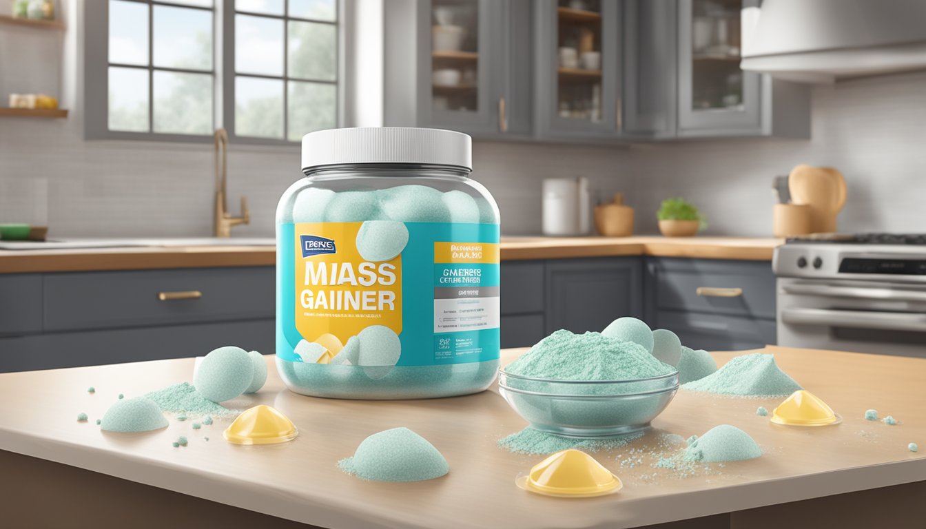 A jar of transparent labs mass gainer surrounded by empty scoops and spilled powder on a kitchen counter