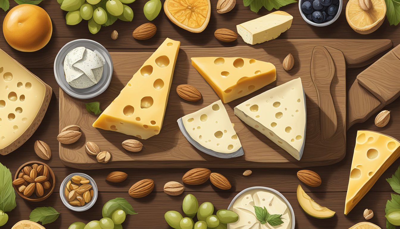 A rustic wooden board displays a variety of Colorado artisan cheeses, accompanied by fresh fruits, nuts, and a bottle of local wine