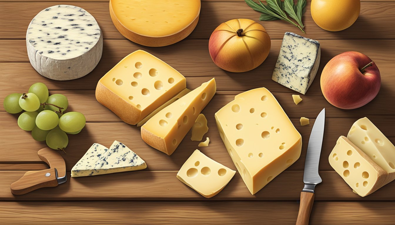 A rustic wooden table displays an array of Illinois artisan cheeses, each with unique textures and colors. A cheese knife and some fruit accompany the cheeses