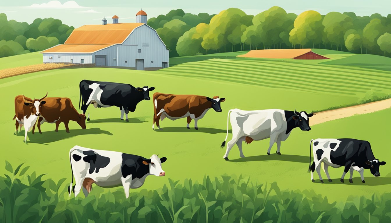 A rolling green pasture in Illinois with happy cows grazing, surrounded by sustainable farming practices and a small artisan cheese-making facility