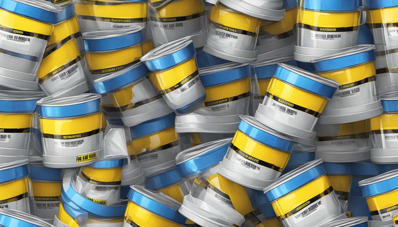 A towering stack of transparent labs mass gainer tubs, spilling out and overflowing, with caution tape wrapped around the excessive amount