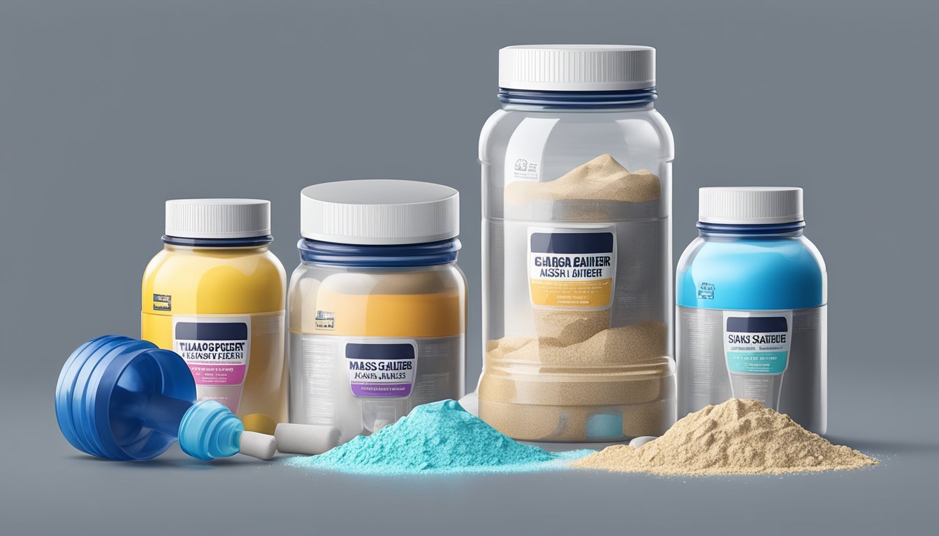 A jar of Transparent Labs Mass Gainer surrounded by empty scoops, spilled powder, and a shaker bottle