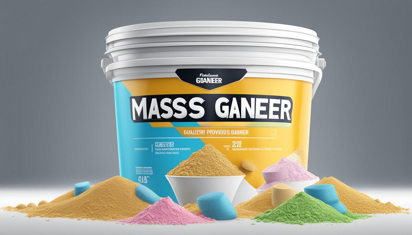 A towering stack of Transparent Labs Mass Gainer tubs, overflowing with scoops and spilled powder