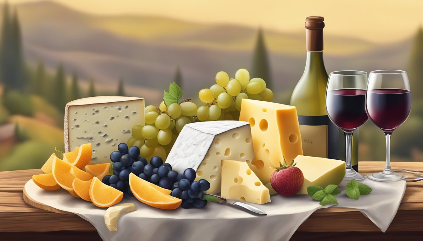 A rustic wooden table displays various wedges of artisanal cheese, accompanied by fresh fruits and a glass of wine