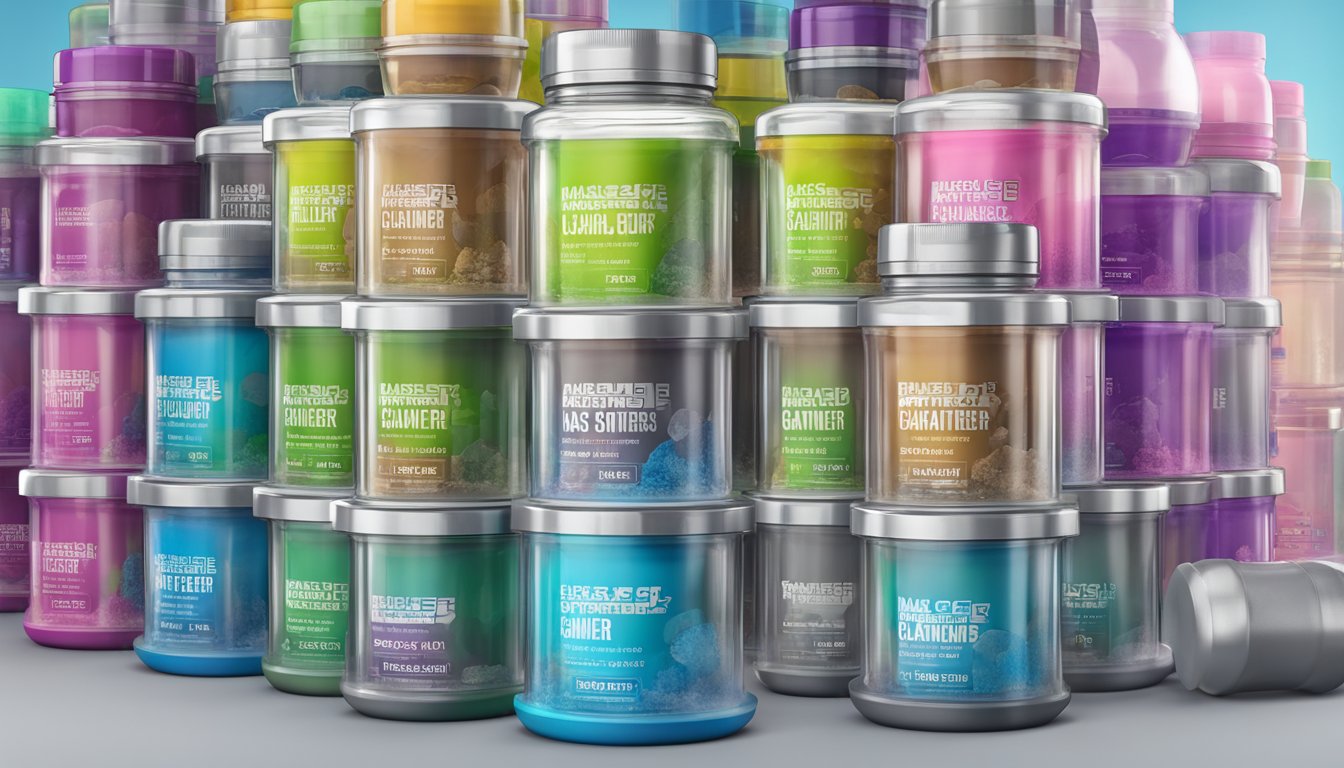 A towering stack of transparent labs mass gainer containers, overflowing with spilled powder, surrounded by empty shaker bottles