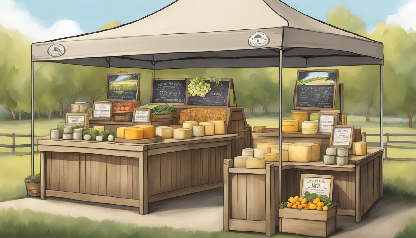 A rustic farmer's market booth showcases Illinois local artisan cheese amidst educational opportunities and events