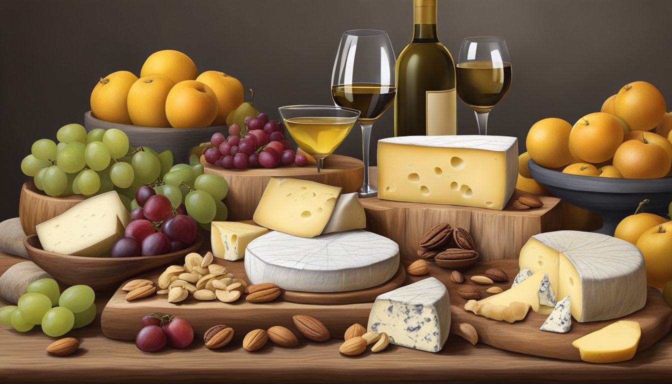 A rustic wooden table displays an array of Maryland artisan cheeses, accompanied by fresh fruits, nuts, and a bottle of wine