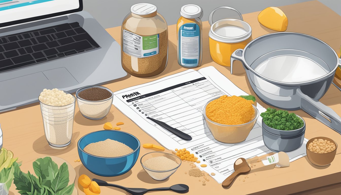 A kitchen counter with various food items and a tub of Promix Recovery Protein, surrounded by measuring cups and a nutrition guide