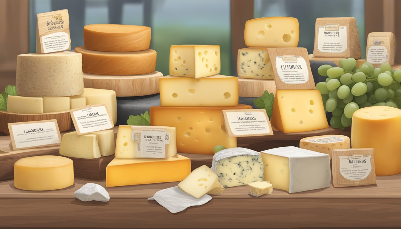 A farmer's market stall displays a variety of Illinois artisan cheeses, with colorful labels and samples for customers to taste