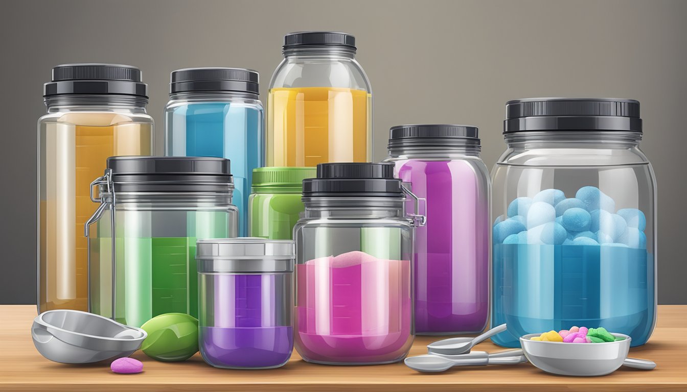 A table with multiple containers of Transparent Labs Mass Gainer, surrounded by measuring scoops and shaker bottles