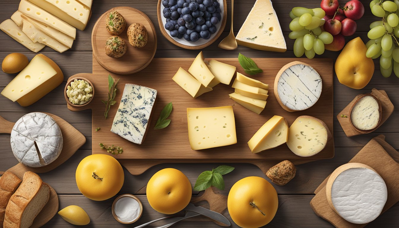 A rustic wooden table displays a variety of Maryland artisan cheeses, accompanied by fresh fruits and bread